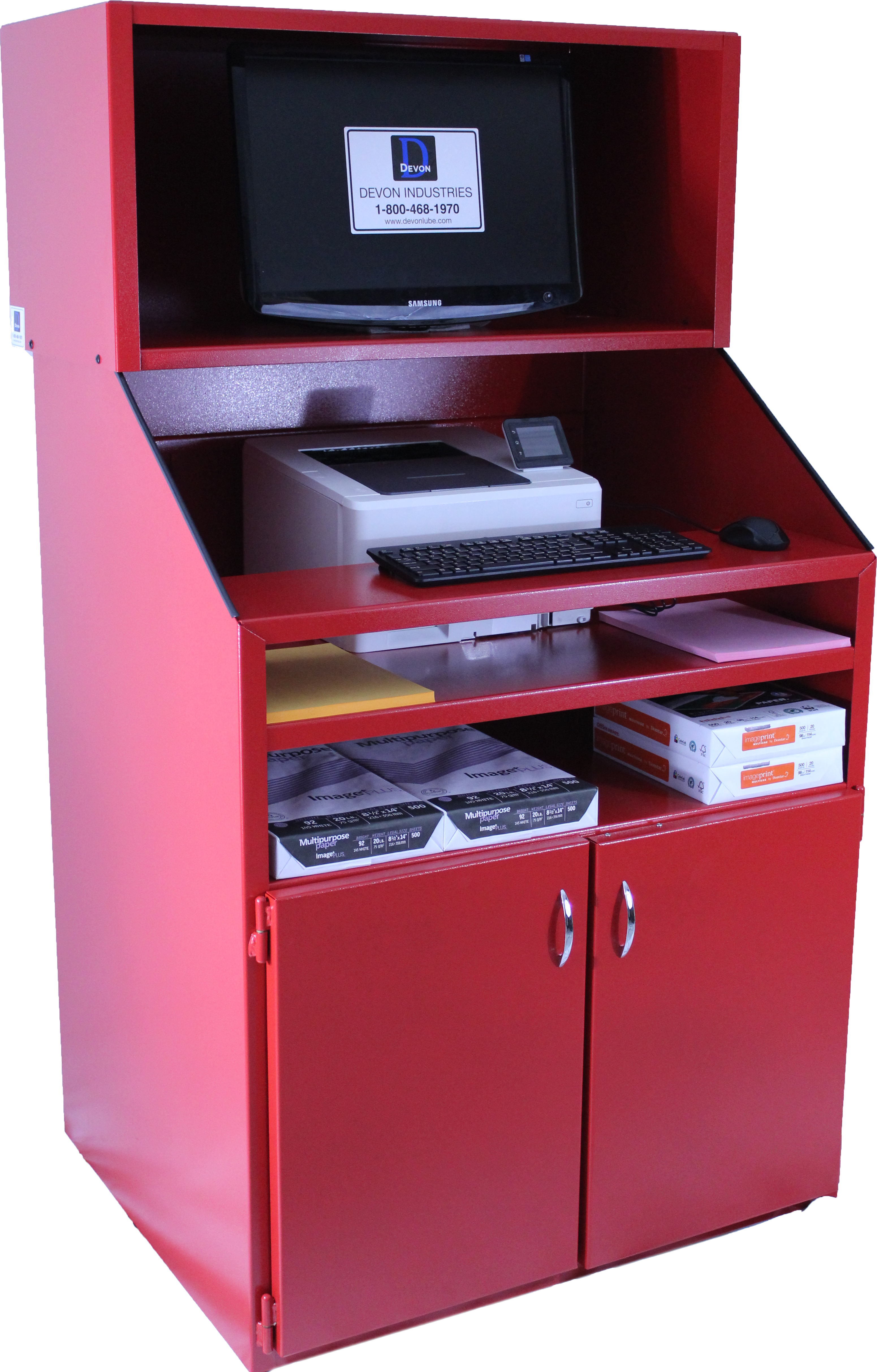 C6036-CD-R — Cashier / Computer Station w/Doors RED (36″W, w/eye-level screen)
