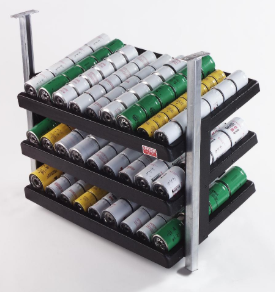 E302 (Ceiling Mount) — Oil Filter Dispensing Rack (3-trays, 135+ filters) with ceiling support arms