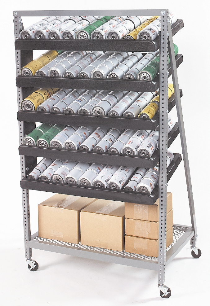 FS-305 — Free Standing Oil Filter Rack (5-filter trays, w/ storage shelf)