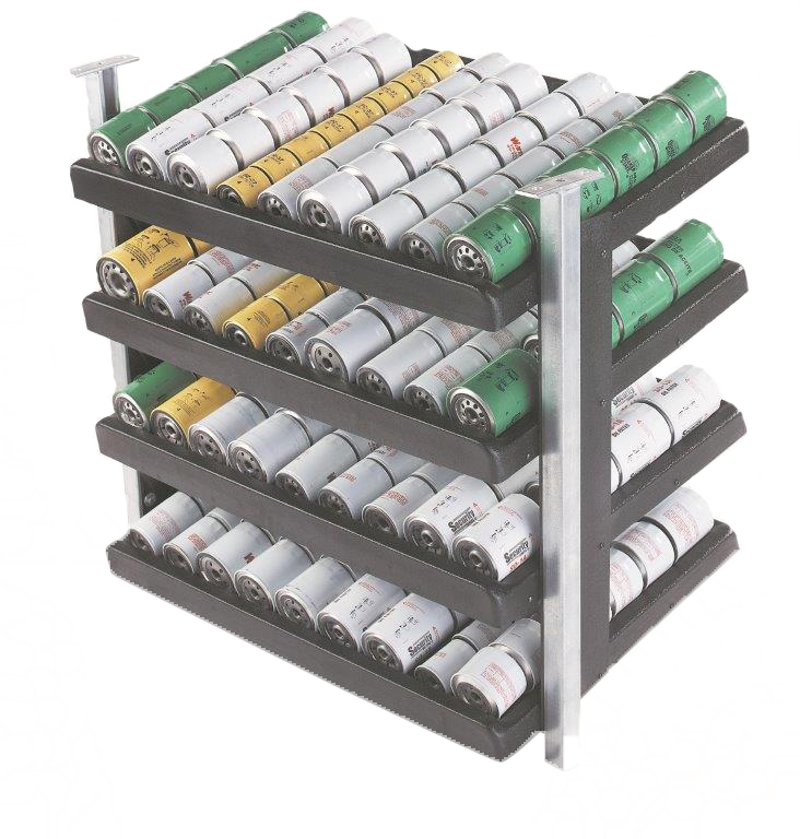 E304 (Ceiling Mount) — Oil Filter Dispensing Rack (4-trays, 180+ filters) with ceiling support arms SA36